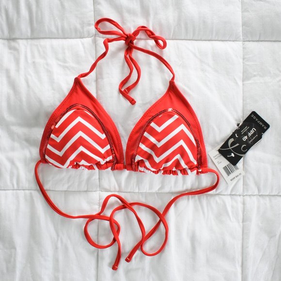 Rampage bikini top red white sequin chevron triangle halter UPF 40 size M - Picture 1 of 5